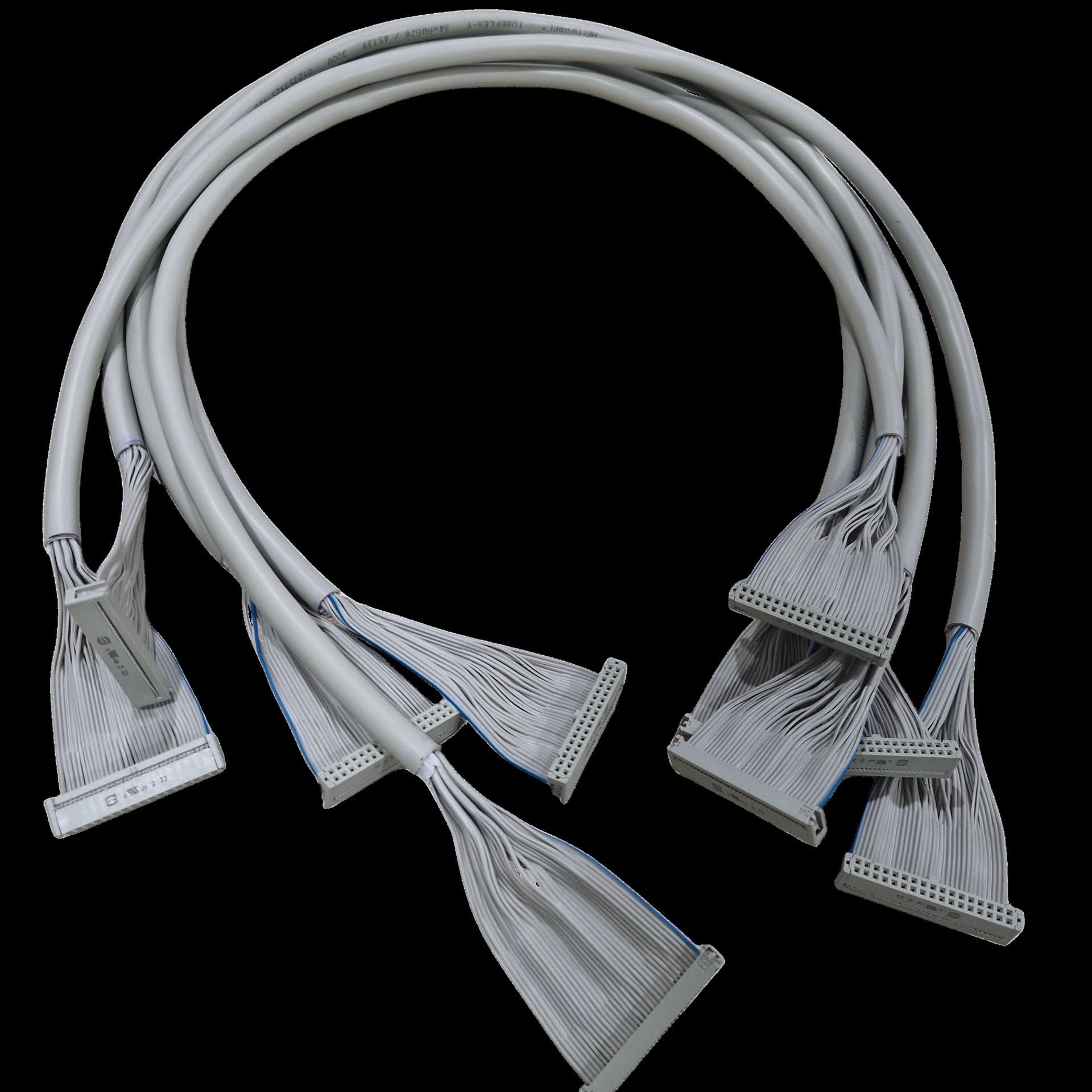 Round-jacketed flat ribbon cable harness with multi-pin connectors