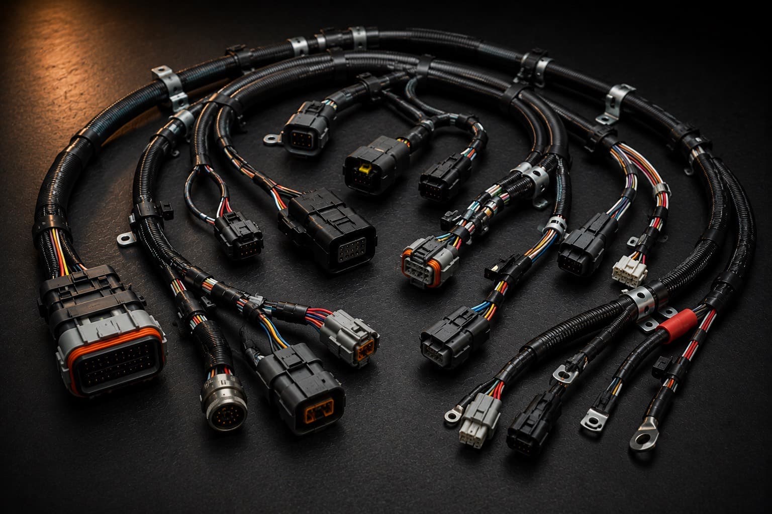Multi-branch industrial wire harness with protective conduit and connectors