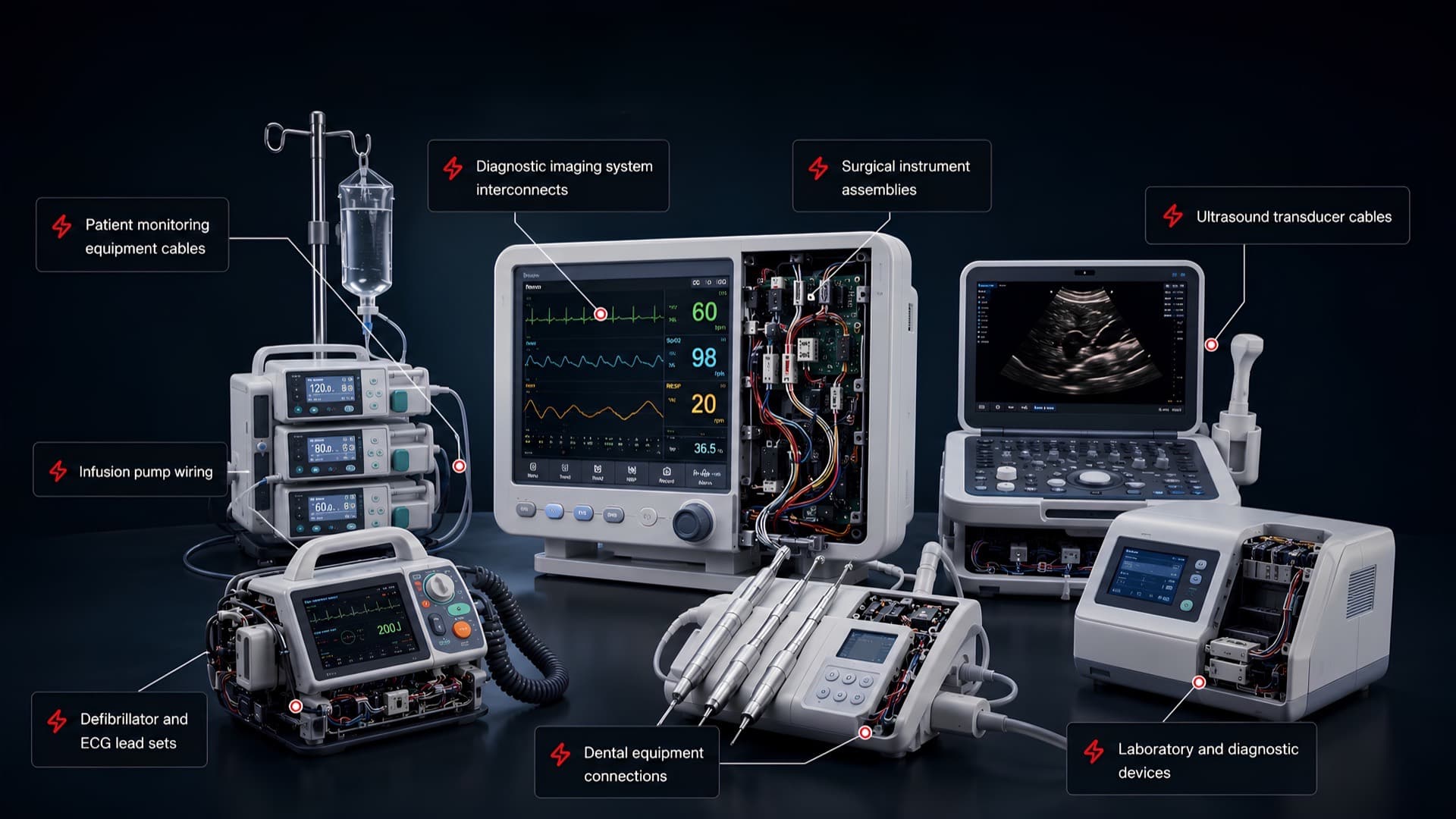 Typical medical applications: monitoring, infusion, imaging, and surgical interconnects