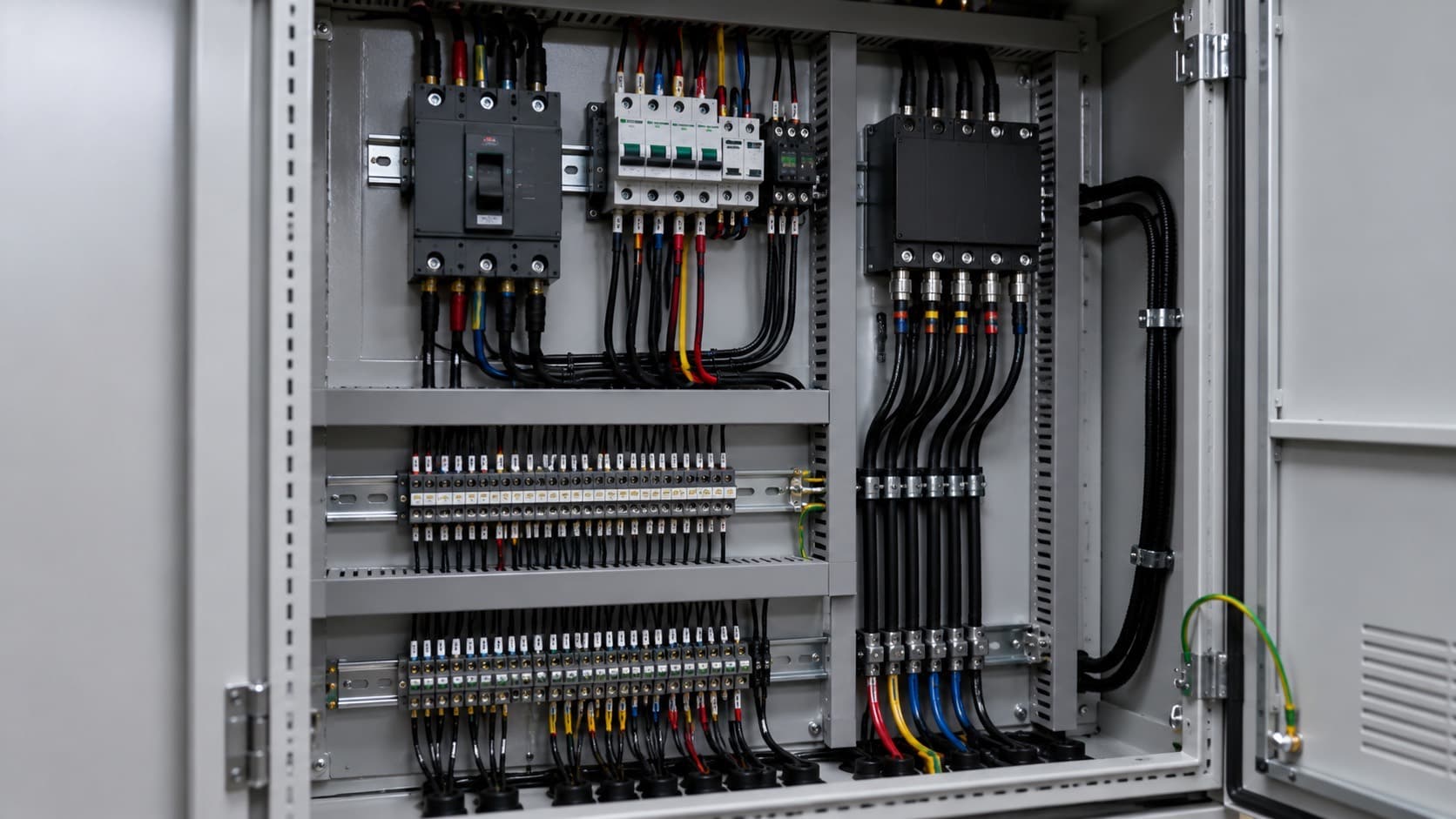 Power distribution panel with labeled breakers and trunked wiring