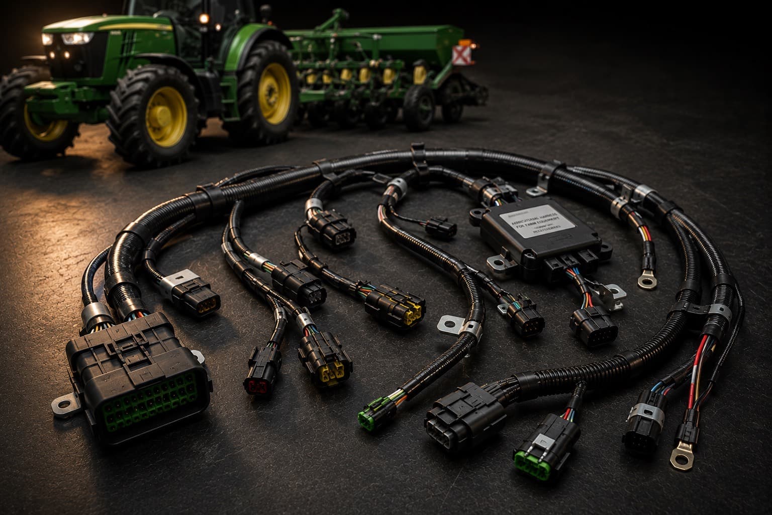 Agricultural equipment wire harness for tractor and implement circuits