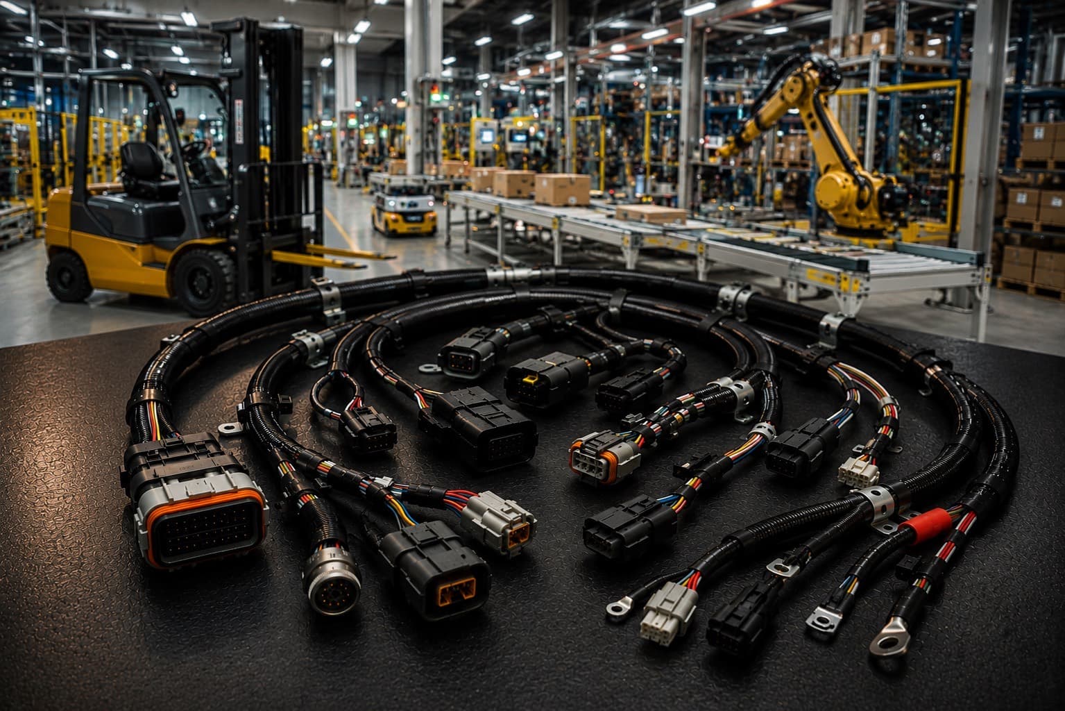 Industrial cable harnesses for factory-floor machine interconnects