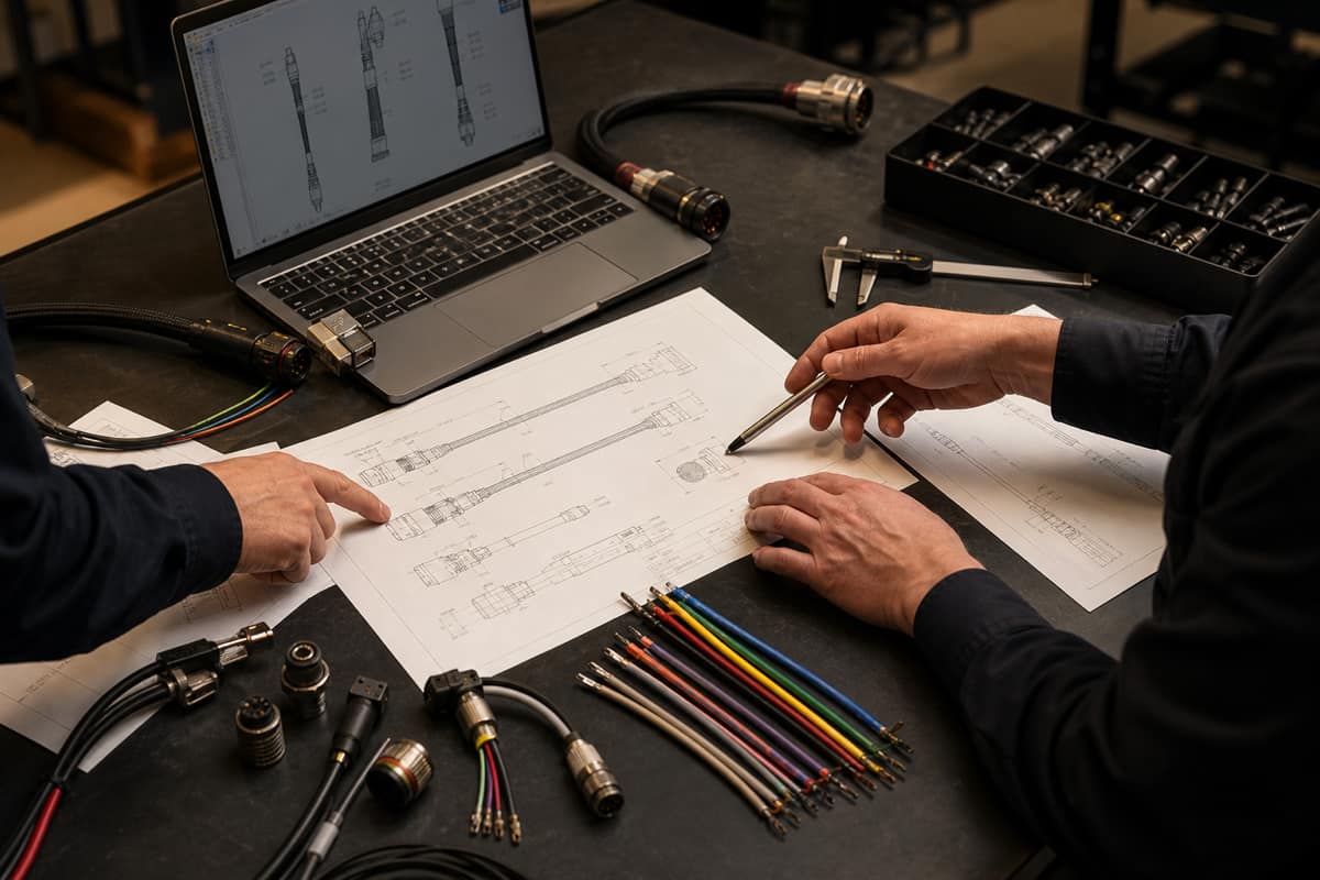 Engineering consultation with cable drawings and connector samples