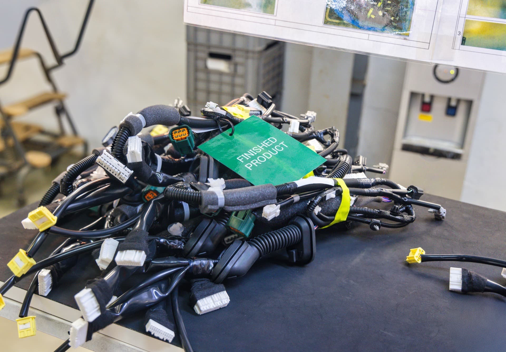 Finished wire harnesses tagged, packed, and ready for shipment