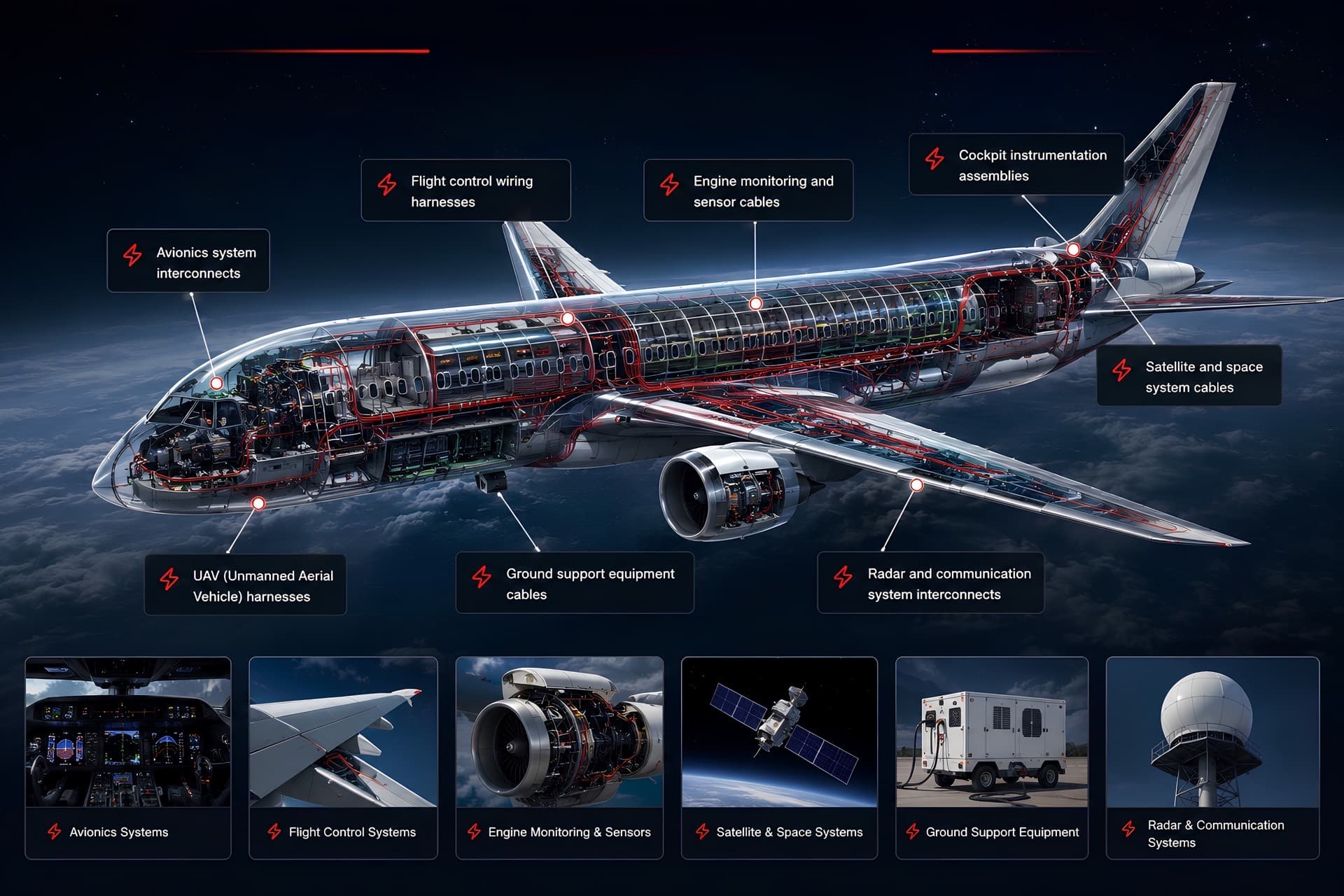 Typical aerospace applications: avionics, flight controls, and airframe harnesses