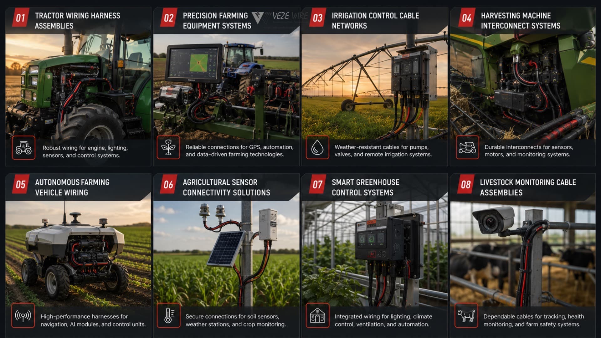 Typical agricultural applications: tractor, implement, and controller harnesses