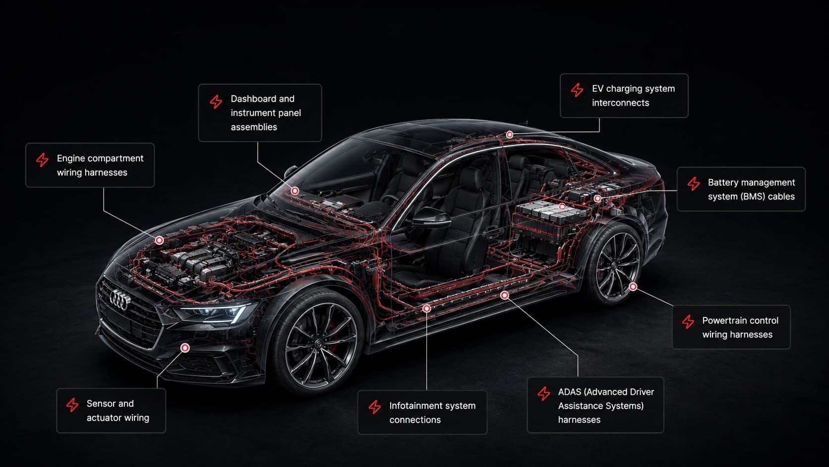 Typical automotive applications: engine, dashboard, BMS, ADAS, and charging harnesses