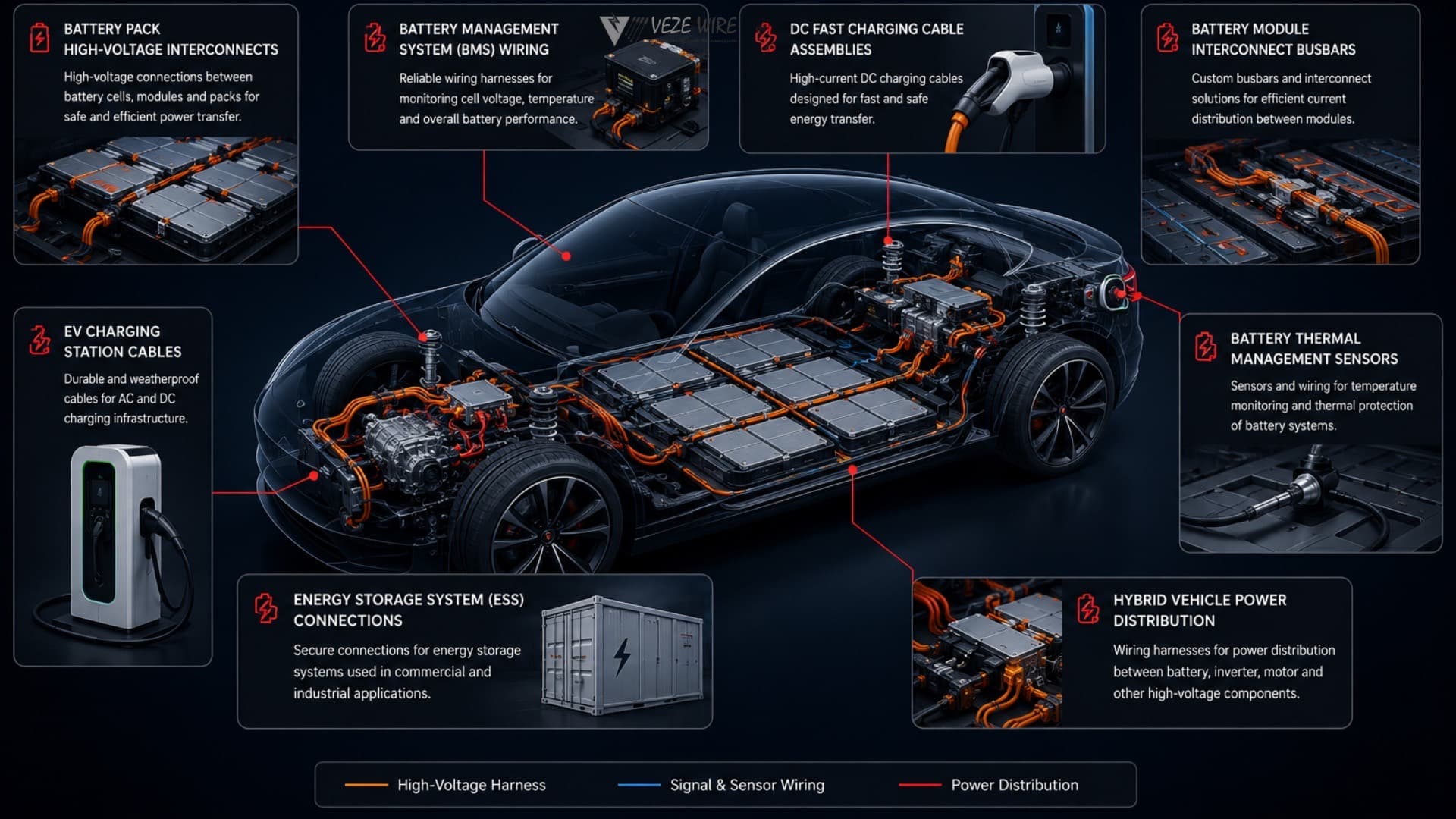 Typical EV and battery applications: HV power, BMS sense, and charging interconnects