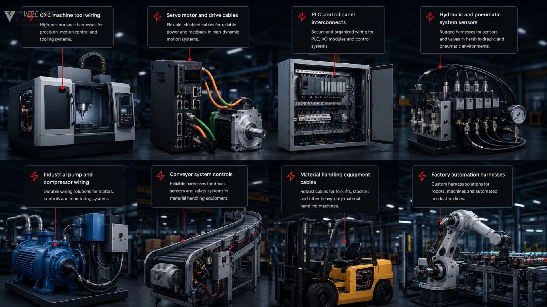 Typical industrial equipment applications: machine, conveyor, and control interconnects