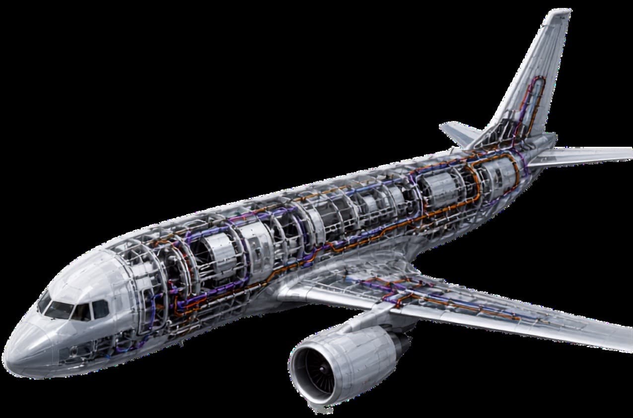 Aircraft cutaway highlighting airframe and avionics wiring paths