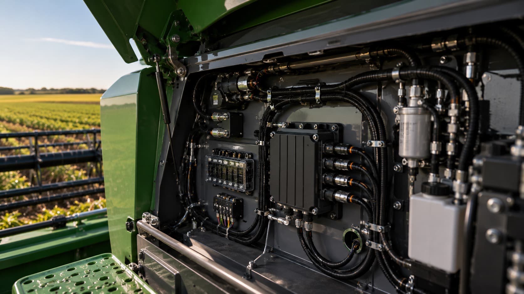 Open agricultural machine panel showing installed harness and ECU