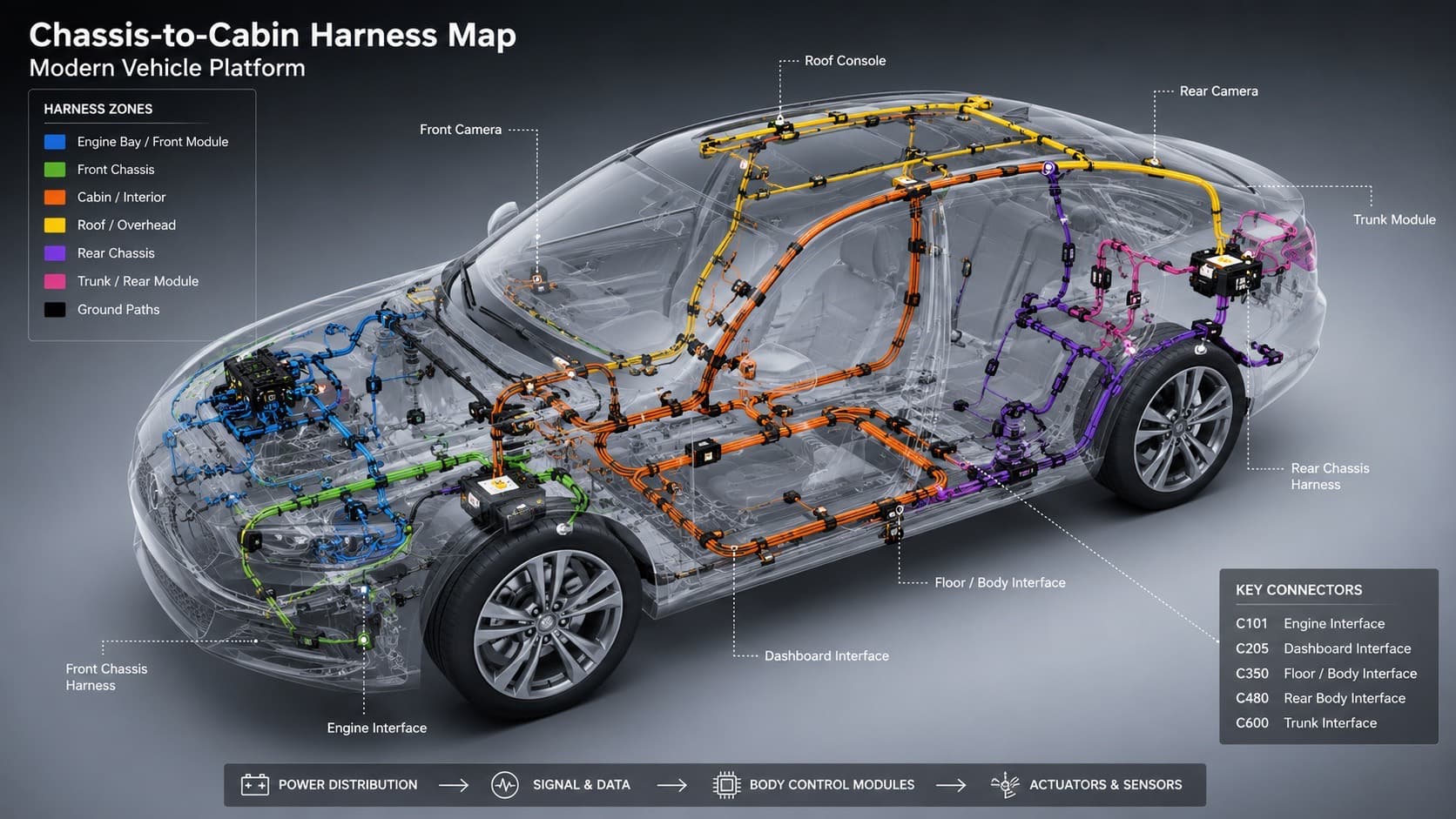 Automotive harness installed in vehicle application context